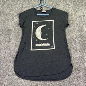 TruSelf La Lune Shirt Womens Small Gray Moon Graphic Short Sleeve Casual Stars